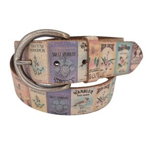 Fossil Vintage Apothecary Label Leather Belt Womens L Multicolor Boho Cottage